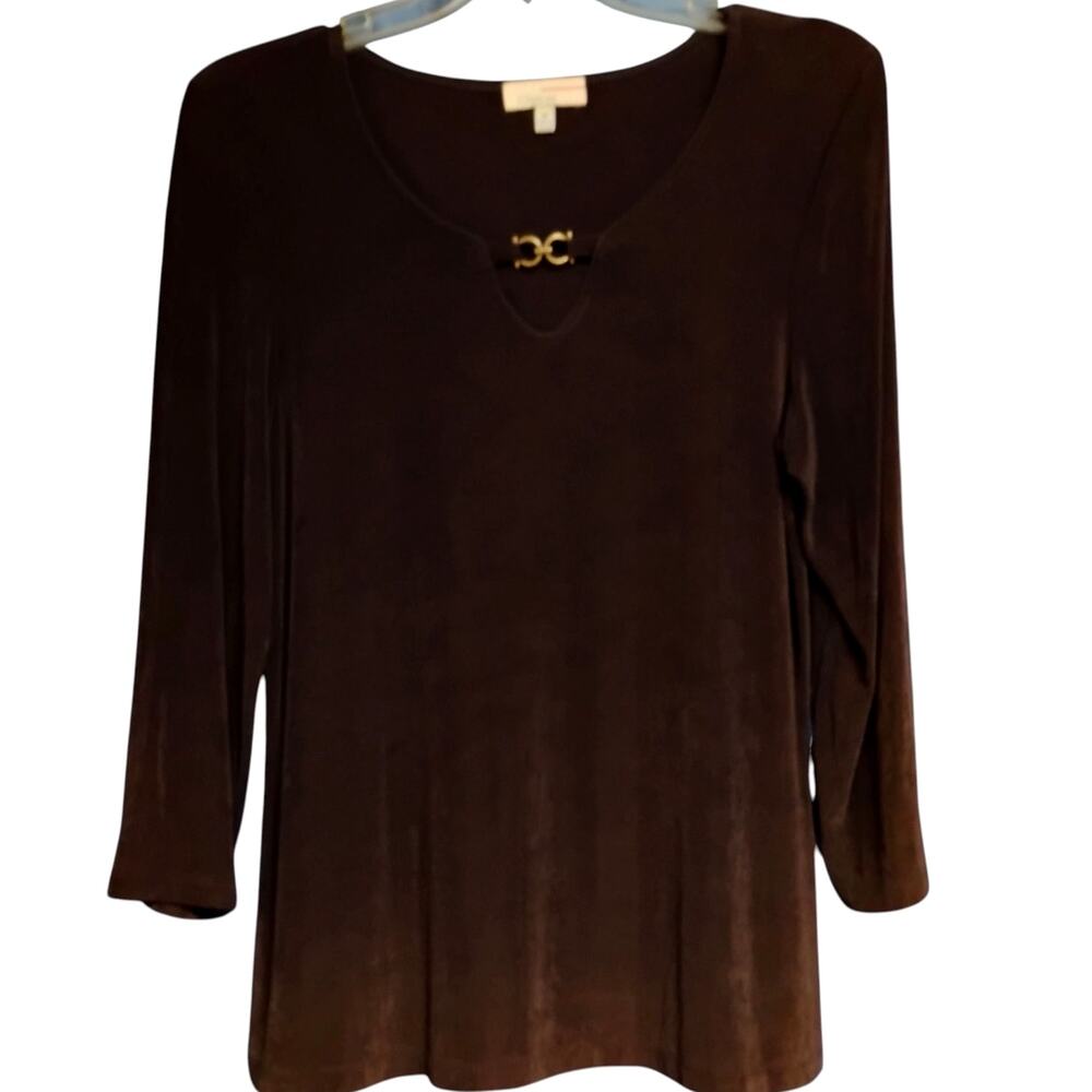 Choices Medium Tunic Top Brown V-Neck Buckle Detail Long Sleeve Stretchy